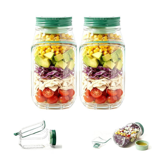 Salad Pod Mason Jar Side Open 2-Pack – Leakproof Vertical Layering Salad Jars with Built-In Dressing Containers, Reusable & Portable Lunch Containers for Office, Picnic & Travel