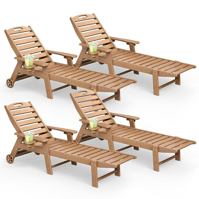 SUUNYN Lounge Chair Outdoor Set of 4 with Wheels, Adjustable 5-Position Chaise Lounge Outdoor, Patio Lounge Chair for Poolside Backyard, Teak