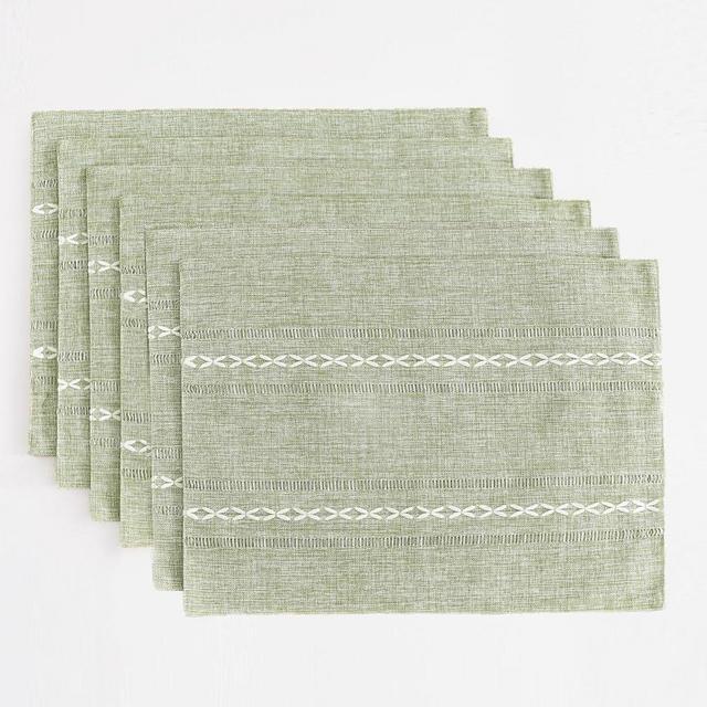 Wracra Cotton Linen Placemats, 14 x 19 Inch Set of 6 Placemats Rustic Hemstitch Place Mats for Kitchen Table and Heat Resistant-Hemstitch Sage Green
