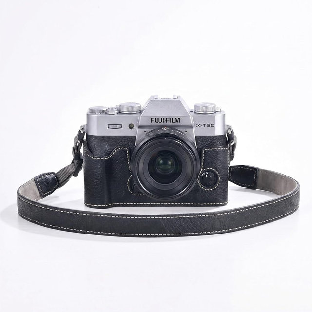 CamRebel X-T30 III Half Leather Case with Shoulder Strap for FUJIFILM X-T30 / X-T30 II/X-T30 III, Retro Style Camera Case and Soft Shutter Release (Black)
