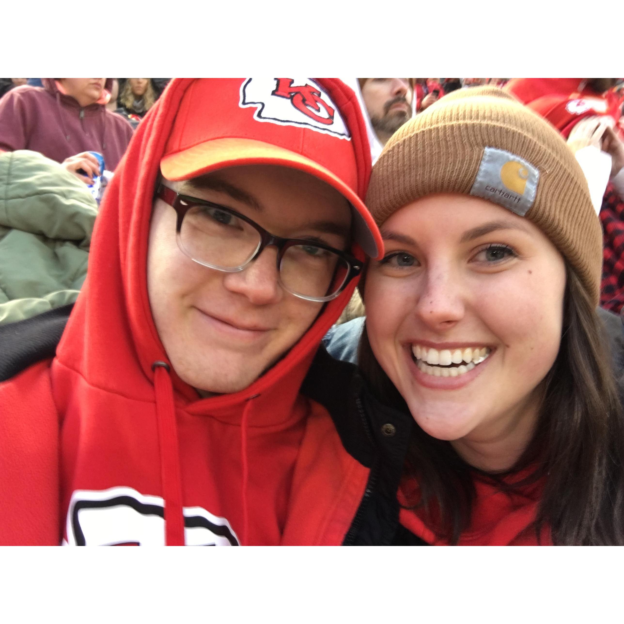 For our one year anniversary Emily surprised Ian with a trip to Kansas City to wat a Chiefs/Raiders game (Dec 2018)