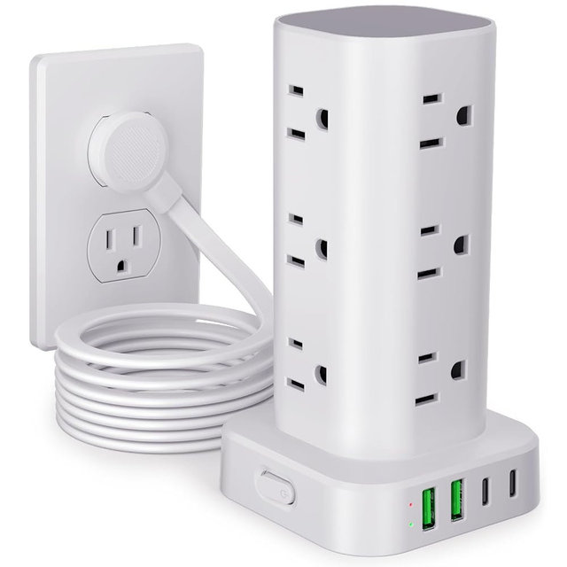 Power Strip Tower with Multiple Outlets, Flat Plug Surge Protector Tower Extension Cord with 12 AC Outlets 4 USB Ports (2 USB C), 10FT Cord Power Tower Surge Protector for Home Office Dorm Room, White