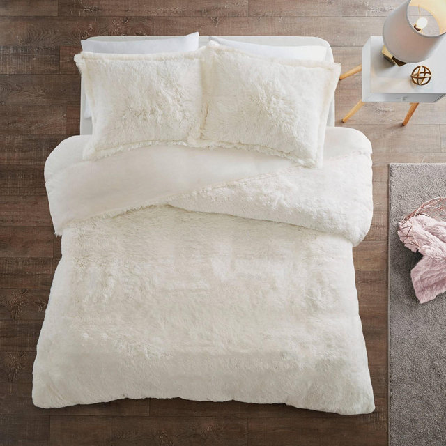 Full/Queen Leena 3pc Shaggy Faux Fur Duvet Cover Set Ivory