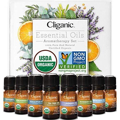 Cliganic USDA Organic Aromatherapy Essential Oils Set (Top 8), 100% Pure Natural - Peppermint, Lavender, Eucalyptus, Tea Tree, Lemongrass, Rosemary, Frankincense & Orange | Cliganic 90 Days Warranty