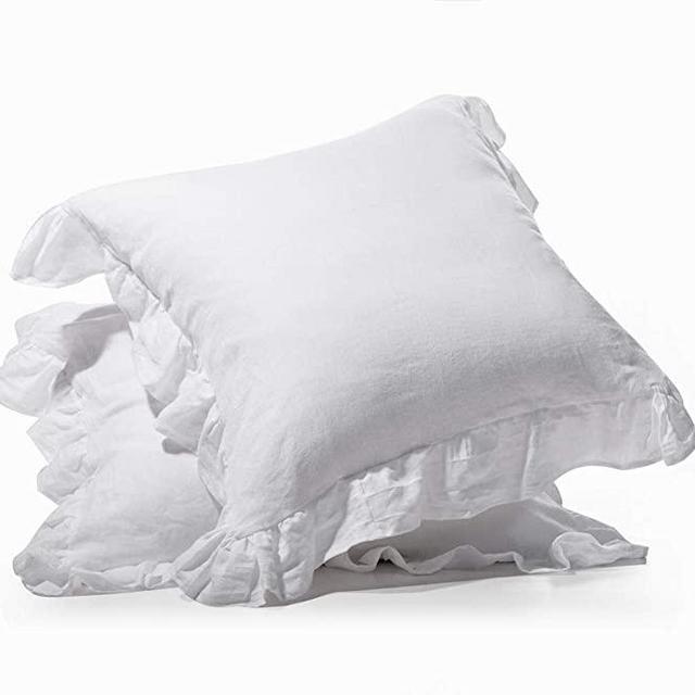 MEADOW PARK Stone Washed French Linen European Pillow Sham, Set of 2 Pieces, 26 inches x 26 inches Square Euro Sham, Super Soft, Ruffled Style, White Color