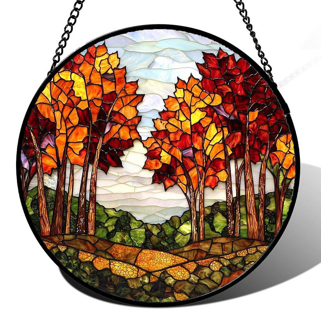 AMDERVEN Stained Glass Window Hanging, Orange Trees Natural Scenery Suncatcher for Window Home Decor White Green Sun Catcher Mother's Day Birthday Gifts for Women Men Mom Nana 15 in