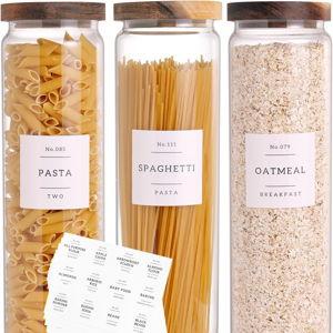 3 Set Glass Pantry Storage Jars with Acacia Airtight Lid - 50oz Thicken Glass Kitchen Canisters with 132 Pantry Labels - Tall Food Storage Containers with Wood Lid for Pasta,Spaghetti,Cereal