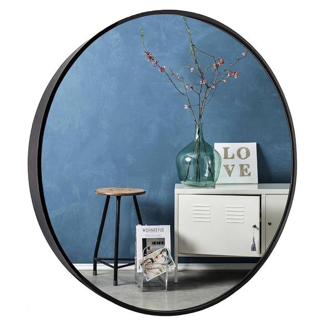 Sunniry Black Round Mirror, Round Mirror 24 inch, Black Circle Mirror Metal Frame, Round Wall Mounted Mirrors for Living Room, Bathroom, Wall, Entryway, Rustic.