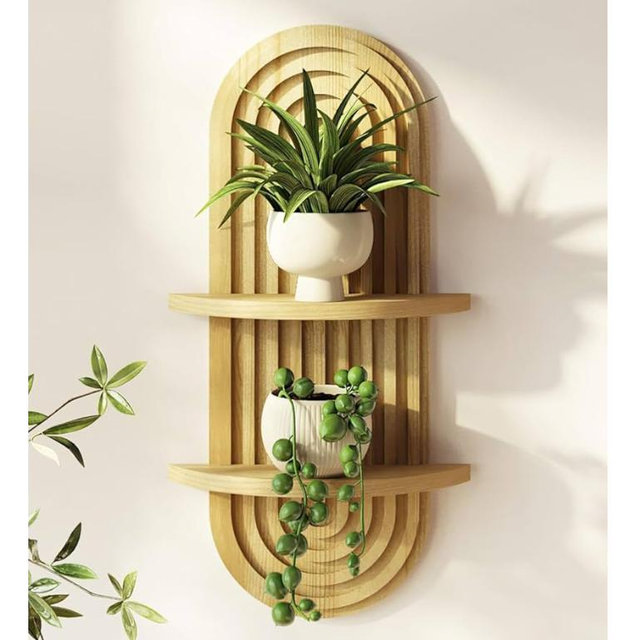 Bamworld Boho Wall Decor Plant Wall Shelf Mid Century Modern Decor Hanging Plant Shelf 2-Tier Wooden Floating Shelves for Home Bathroom Bedroom Living Room Office Holding Planter Decoration Natural