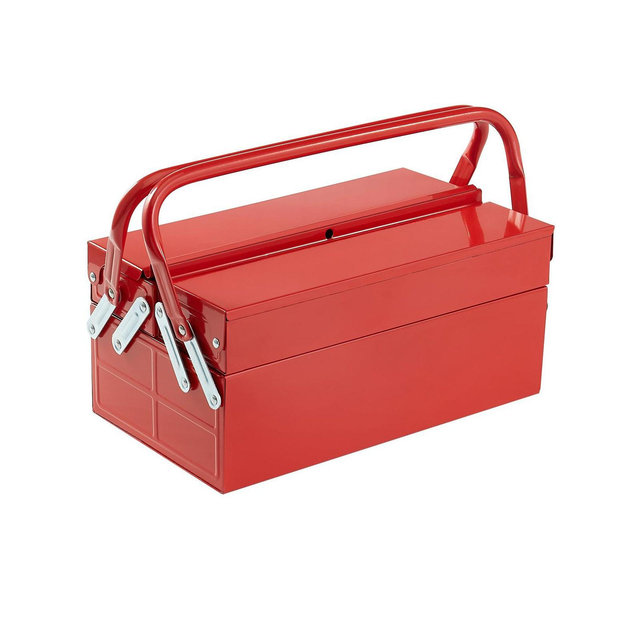 VEVOR Metal Tool Box, 14-inch, 2-Tier 3-Tray Portable Folding Tool Chest Organizer with Handle & Lock Hole, Powder Coated Steel, Red
