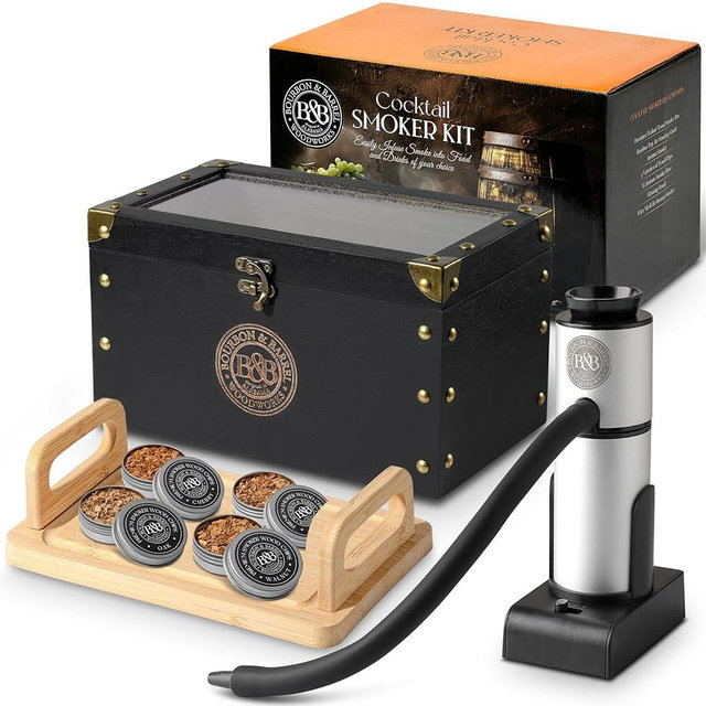 BOURBON & BARREL Cocktail Smoker Kit | Crafted with Walnut Wood | Whiskey Smoker Kit with Instant Smoker, Smoking Box, Food Tray and 4 Varieties of Wood Chips | Old Fashioned Drink Smoker Kit [Black]