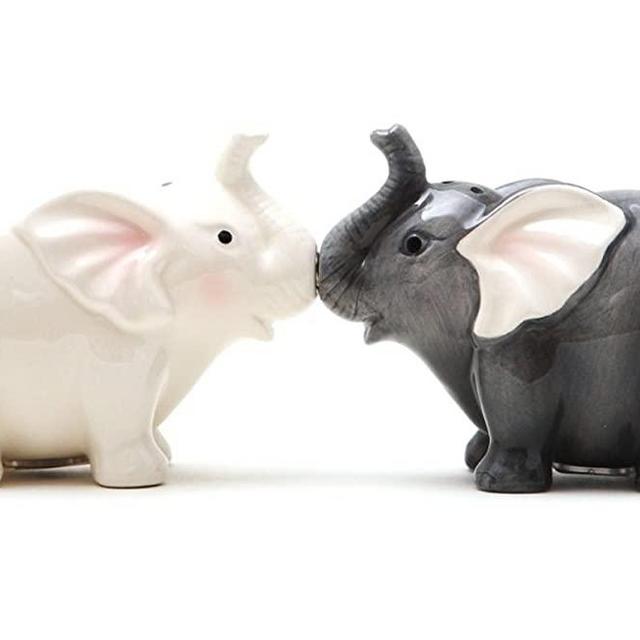 1 X Ceramic Magnetic Salt and Pepper Shaker Set - Elephants They Kiss 8795