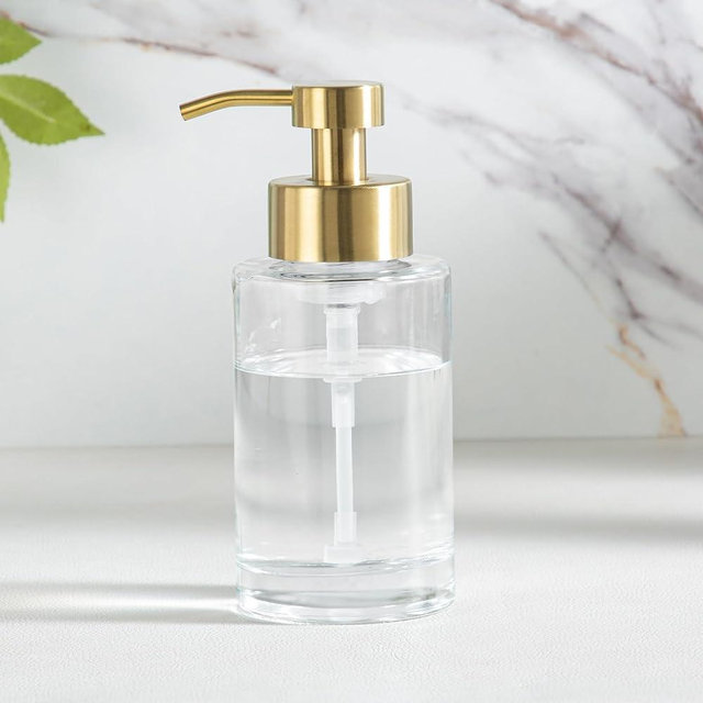 Enra Foam Soap Dispenser,12oz Thick Glass Bathroom Soap Dispenser with Stainless Steel Gold Pump for Bathroom Kitchen(Clear/Gold Poam Type)
