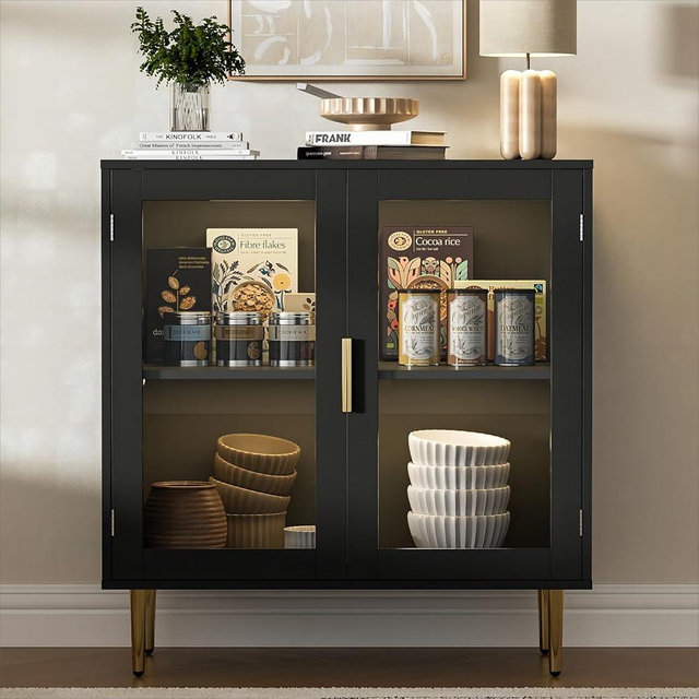 Housoul Modern Buffet Cabinet with LED Lights, 32" Acrylic Sideboard with 2 Doors, Adjustable Shelf Coffee Bar for Living Room, Kitchen, Black