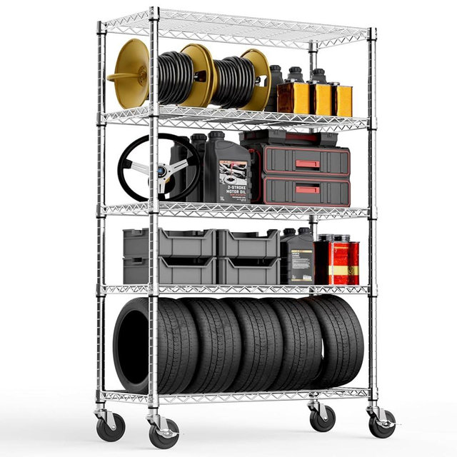MZG Steel Storage Shelving 5-Tier Utility Shelving Unit with Wheels, Steel Organizer Wire Rack for Home,Kitchen,Office,Garage,17.7" D x 47.2" W x 76.7" H-Chrome