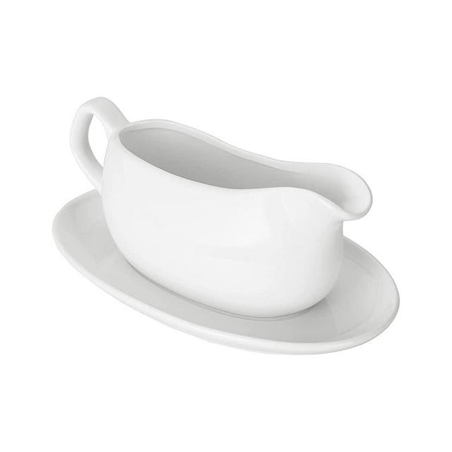 Nucookery Large 17 Oz Gravy Boat and Tray | Ergonomic Handle | White Fine Porcelain Saucier With Big Dripless Lip Spout For Gravy, Warming Sauces, Salad Dressings, Milk | Microwave & Freezer Safe