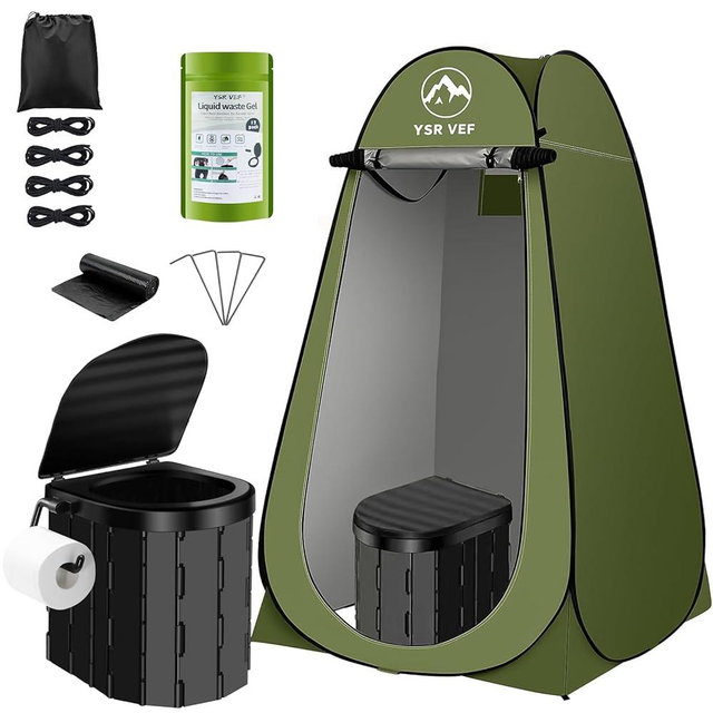 Portable Toilet Kit, Camping Toilet with Pop-Up Privacy Tent and Poo Gel Toilet Bags, Washable Portable Outdoor Showers Changing Rooms