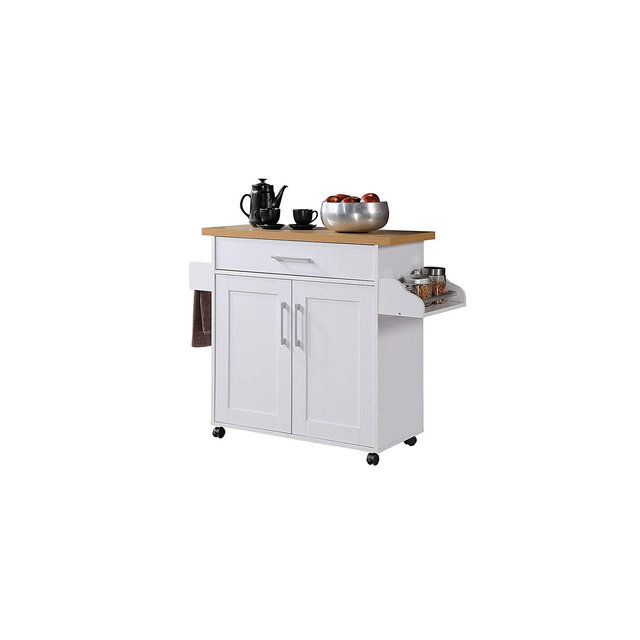 Hodedah Wheeled Kitchen Island with Spice Rack and Towel Holder, White/Beech