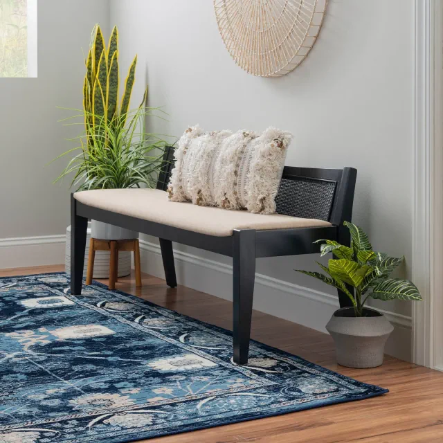 Powell 52" Bessie Boho Natural Cane Upholstered Seat Backed Bench Black: Rubberwood Frame, Foam Fill, Entryway Furniture