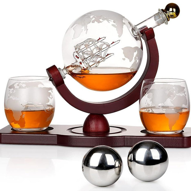 Gifts for Men Dad Fathers Day, Whiskey Decanter Globe Set with 2 Ball Stones & 2 Glasses, Anniversary Birthday Gifts for Him Husband, Unique Christmas Gift for Bourbon Scotch Liquor Vodka, Cool Stuff