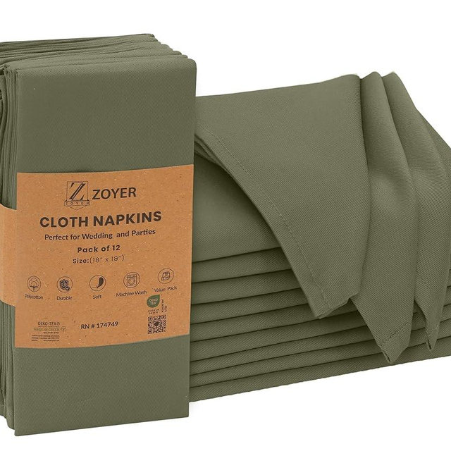 Zoyer Cloth Napkins Set of 12, 18x18 Inches Cotton Enrich Napkins Cloth ‎Washable, Soft & Durable Dinner Napkins for Parties, Wedding, Christmas, ‎Thanksgiving & Everyday Use - Martini Olive