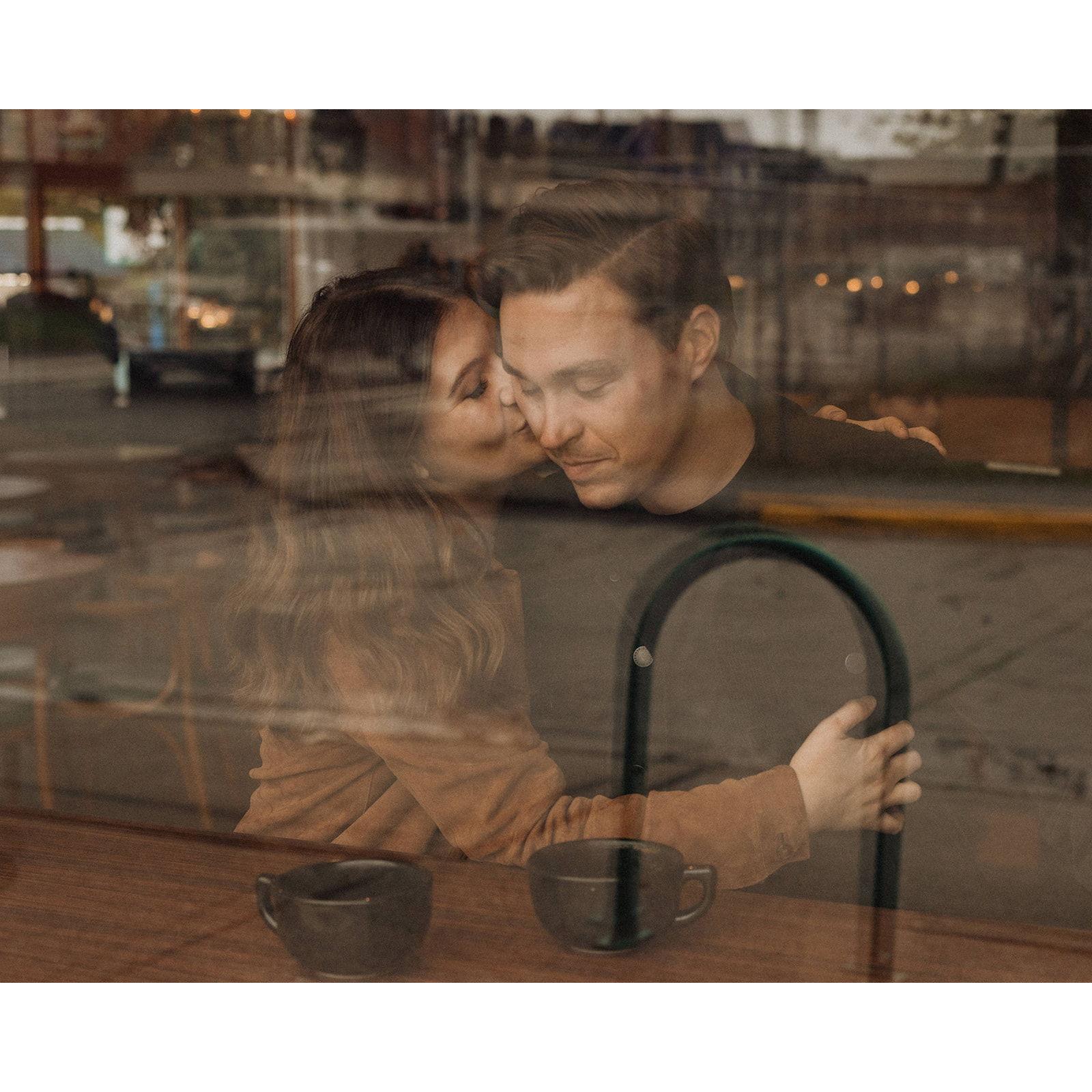 Engagement photos by In the Alpenglow at Bluebeard Coffee Roasters on a rainy day in Tacoma, Wahington in the fall of 2023.
