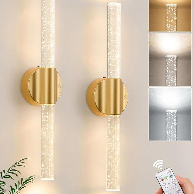 Peel and Stick on Gold Battery Operated Wall Sconces Set of 2, Rechargeable Magnetic Linear Wall Lights for Bedroom, Wireless Sconces with Remote&Touch Control, 3CCT&Dimmable Wall Lamp for Living Room