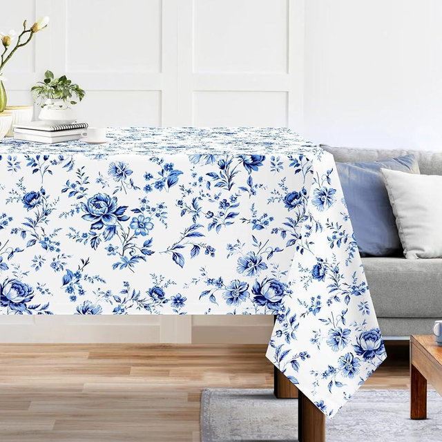 Arquiel Watercolor Blue Floral Tablecloth Waterproof, Rose Flower Rectangle Table Cloth, Washable Table Cover for Kitchen Dining Party Decor (55×70 Inch)