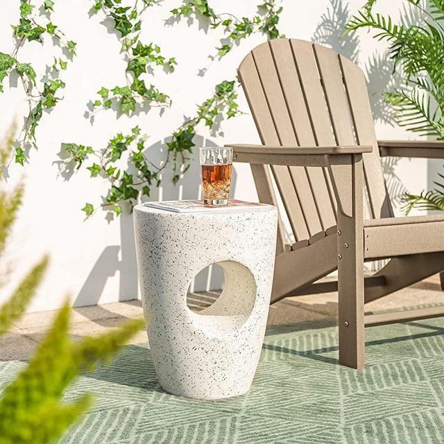 glitzhome Modern Decorative Garden Stool Heavy Duty Patio Sturdy Faux Concrete Garden Stool Side Table Plant Table for Indoor Outdoor, 18”H, White