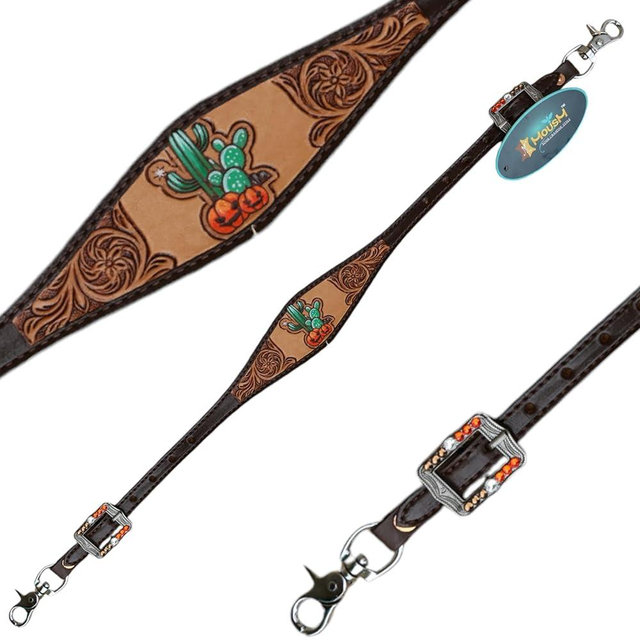 MOUSM Western Headstall Tack Set - Hand-Painted Cowboy Ghost, Cactus, Halloween Pumpkin with Desert Background and Hand-Carved Floral Design, Antique Finish