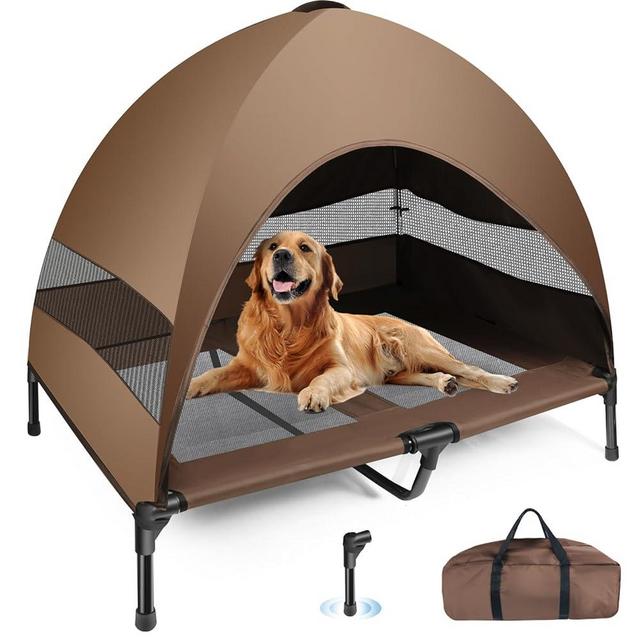 Elevated Dog Bed, Raised Outdoor Dog Bed with Canopy, Portable Pet Bed Cot with Anti-Slip Feet, Cooling Dog Tent Bed for Large Dogs Camping,Indoor & Outdoor