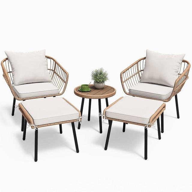 DWVO 5 Piece Patio Bistro Set, Outdoor Wicker Conversation Set with Ottomans and Side Table, All-Weather Durable Rattan Furniture for Porch, Balcony, Deck, Backyard, Garden (Beige)