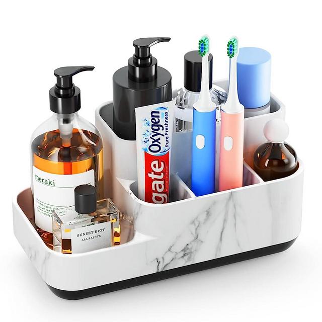 Jxvtomv Toothbrush Holder for Bathroom, Bathroom Organizer Countertop, Bathroom Storage Organizer for Toothpaste/Vanity Countertop and Other Items, 5 Compartments, White Marble Color