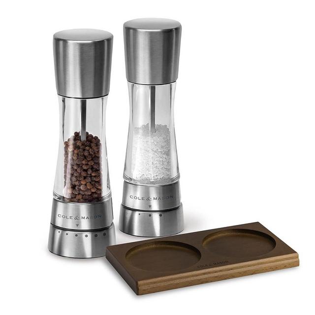 Cole & Mason Derwent Salt & Pepper Grinder Set - Grinder Set with Tray - Salt & Pepper Grinder Set with Adjustable Grind Settings - Easily Refillable Spice Mills for Enhanced Taste - Stainless Steel