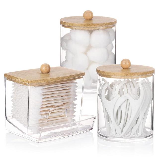 Tbestmax Qtips Dispenser Bathroom Container, 10/12 oz Cotton Ball Holder, Apothecary Jar Organizer for Storage Cotton Swab, Cotton Round Pads, Floss Picks (Beige Bamboo Lids)