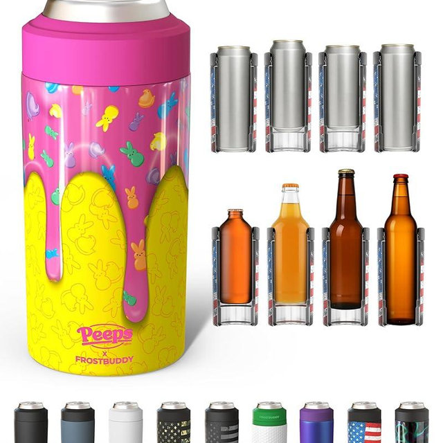 Frost Buddy Universal Can Cooler - Fits all - Stainless Steel Can Cooler for 12 oz & 16 oz Regular or Slim Cans & Bottles - Stainless Steel (Peeps Drip)