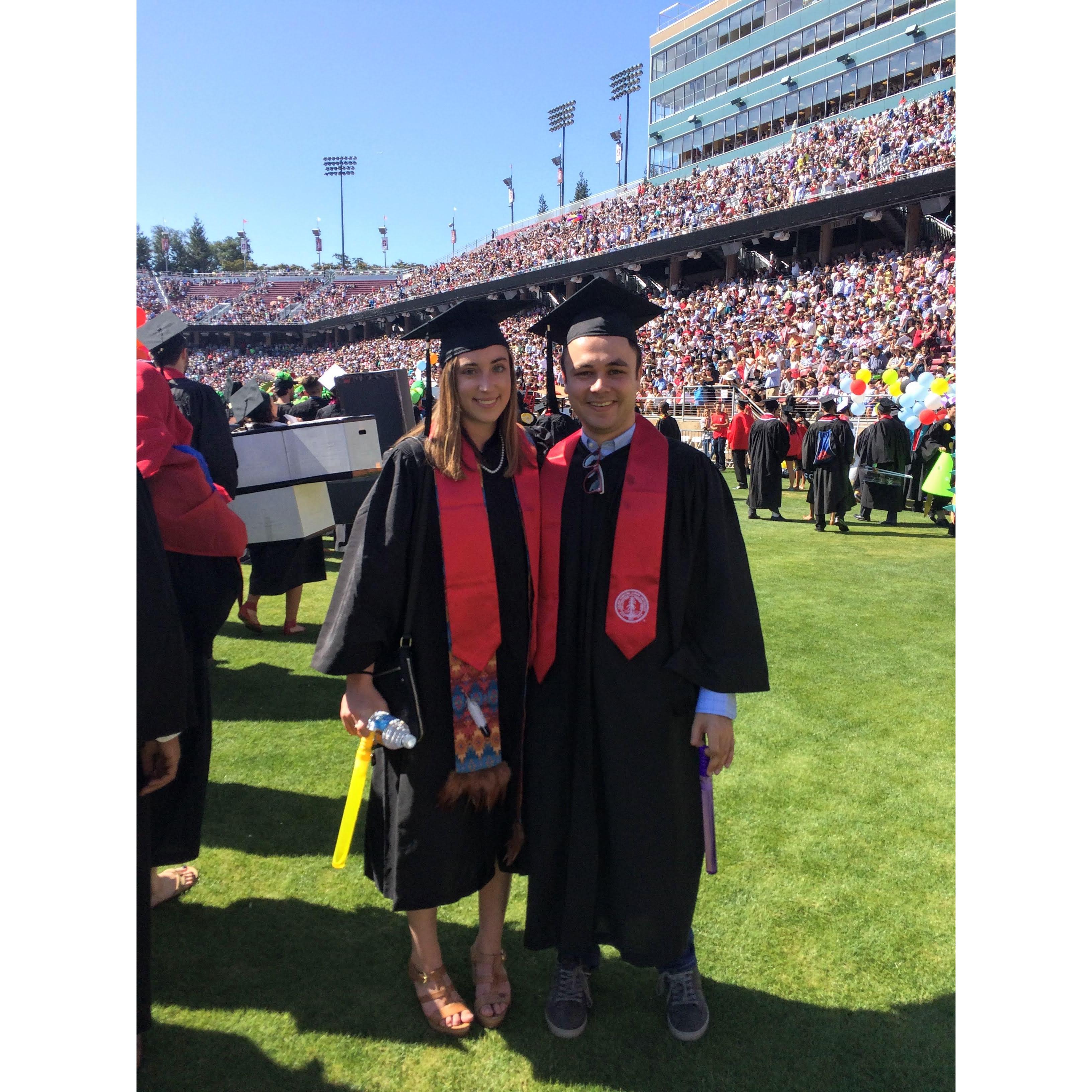 Graduating each with a B.S. in Computer Science from Stanford, 2016. Keenon's "one size fits all" graduation cap was way too small for his head, so we had to cut a slit in the back!