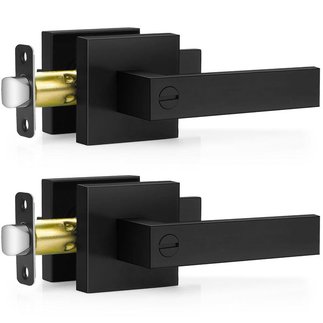 Plustool 2 Pack Matte Black Door Handles, Keyless Interior Door Knobs, Privacy Door Lever Locksets for Bedroom Bathroom, Heavy Duty Square Door Lock (2.0lb), Reversible for Left&Right Handled Doors