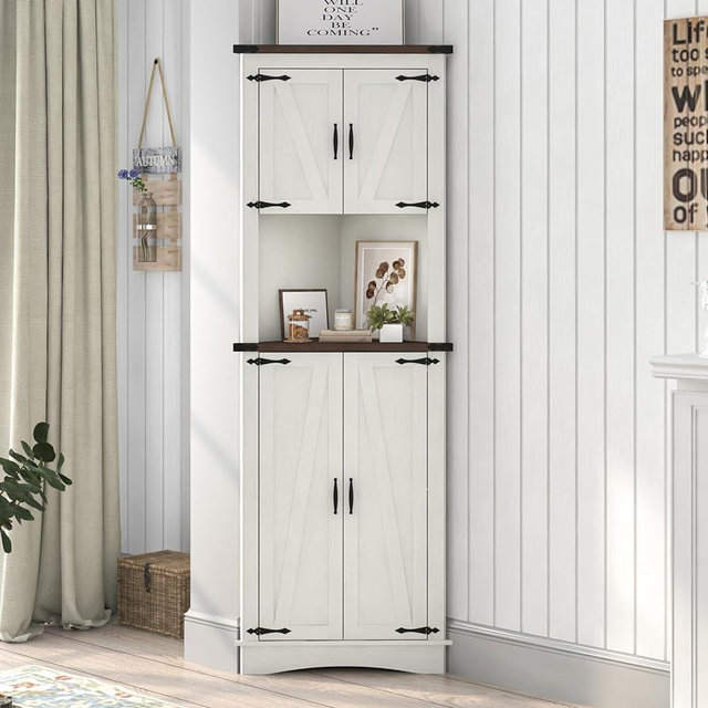 Hlivelood Farmhouse Corner Cabinet, 5-Tier Tall Storage Cabinet with 4 Barn Door & Adjustable Shelves, Bathroom Cabinet with Storage for Living Room, Kitchen, Bathroom, Rustic White