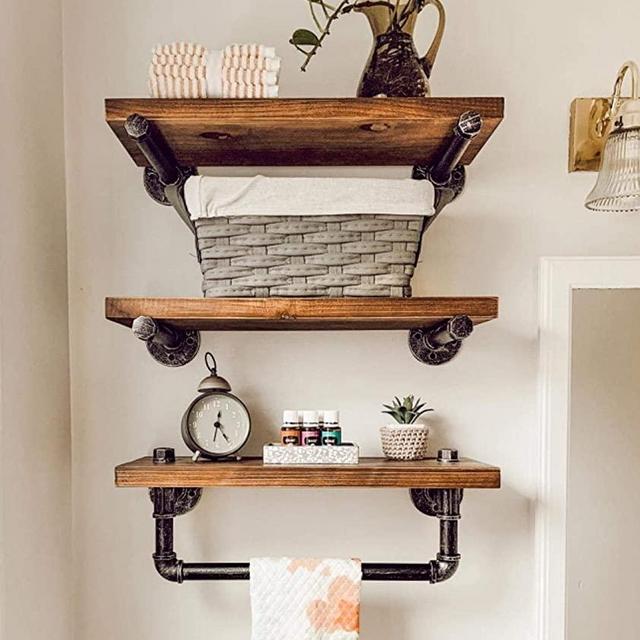 Industrial Pipe Shelving Shelves Rustic Bathroom Shelf Wooden Metal Wall Mounted Towel Bar Hanging Storage Racks Floating Wood Shelves 3 Tier