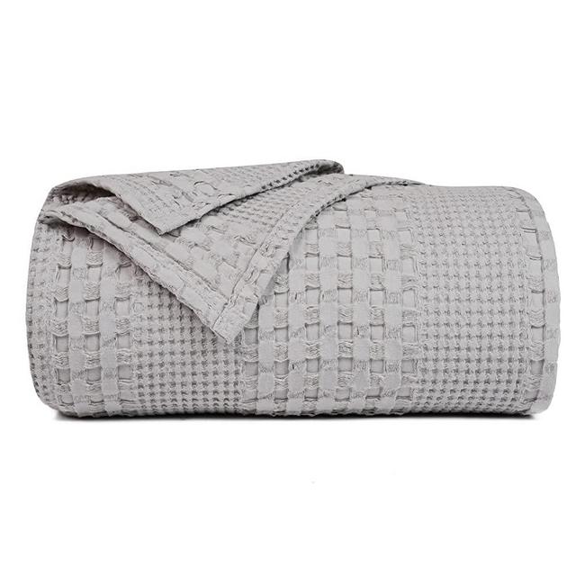 PHF 100% Cotton Waffle Weave Blanket King Size - Luxury Decorative Soft Breathable Skin-Friendly Blanket for All Season - Perfect Textured Blanket Layer for Couch Bed Sofa 108"x90" - Light Grey