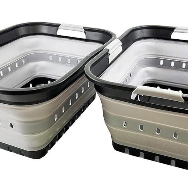 SAMMART 42L (11 gallon) Collapsible Plastic Laundry Basket - Foldable Pop Up Storage Container/Organizer - Portable Basket - Space Saving Hamper/Basket (Black/Alloy Grey (Set of 2))