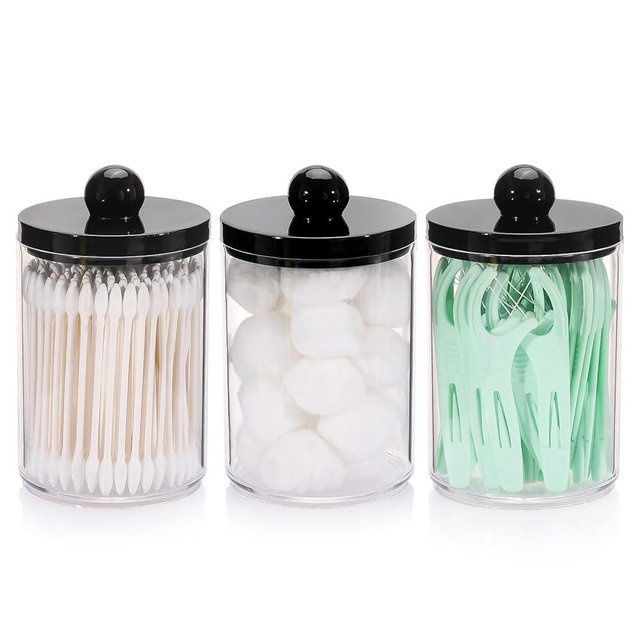 Tbestmax 10oz Qtips Holder - Bathroom Organizers and Storage Containers Plastic Apothecary Jar with Black Lids for Cotton Swab, Cotton Round Pads, Floss - Black