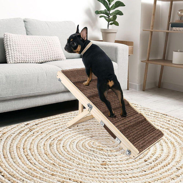 Okydoky Small Dog Ramp, Adjustable Portable Folding Wooden Pet Ramp, 32" Long with Non-Slip Traction Mat, Adjustable from 9" to 17.5", Dog Climbing Ladder for Sofa,Couch,Car(Brown) NO.LGPT2