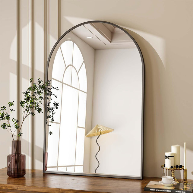 BEAUTYPEAK Rectangle With Rounded Top Decorative Wall Mirror 24"x36",Black
