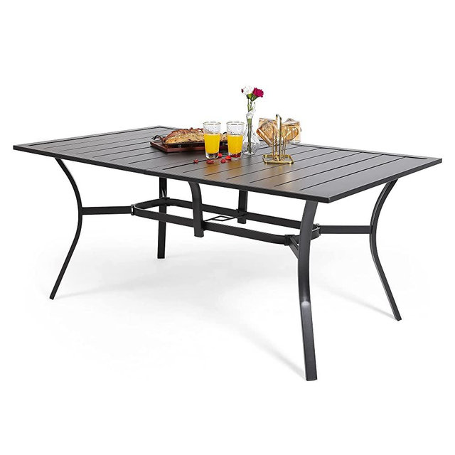 Anmutig Outdoor Patio Table for 6 Person, Patio Dining Rectangle Table with 1.57" Umbrella Hole for Garden Lawn Backyard Parties, Black Metal Frame 63" L x 38" W x 28" H