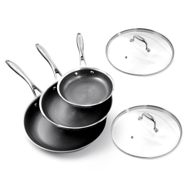 DELUXE Hybrid Ceramic Nonstick 5-Piece Fry Pan Set,8,10,12 Inch Frying Pans with Tempered Glass Lids,Stay-Cool Handles, Dishwasher Safe, Works on All Stovetops (Induction, Gas, Electric)