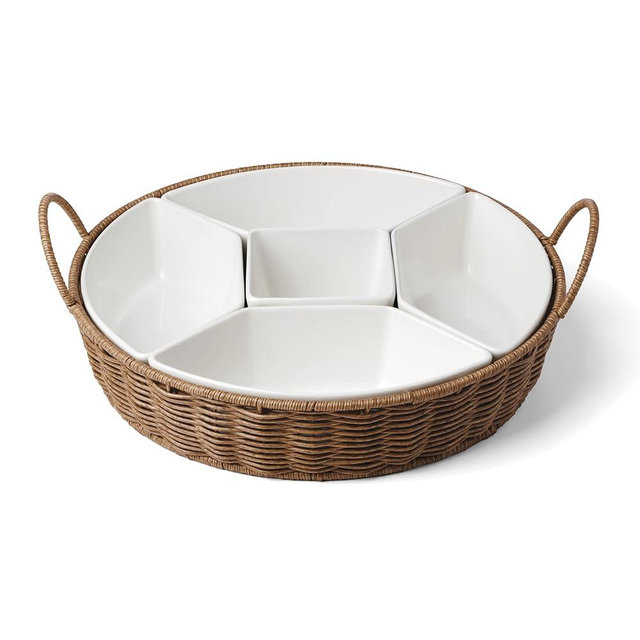 Oneida Divided Serving Tray, Willow & White 6-Piece Serving Set, Stoneware Material, Dishwasher Safe, Home, Serveware, Chaecuterie Boards, Centerpiece for Tables, Table Decor (White/Brown, 6 Pieces)