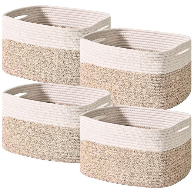 ICERZCZ Storage Baskets for Shelves, Woven Storage Basket, Bins for Cube Storage, Cotton Rope Basket with Handles for Toy, Book, and Clothes Living Room, (4 Packs) Off White & Brown