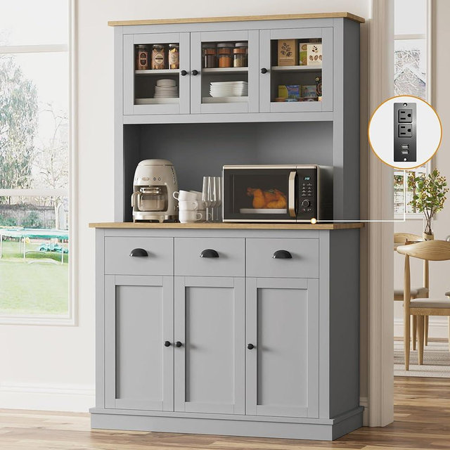 Buytime 71" Kitchen Hutch with Charging Station, Tall Pantry Storage Cabinet with Microwave Stand, Adjustable Shelves, Slide Drawers, Large Buffet Pantry Cabinet for Kitchen, Dining Room, Grey